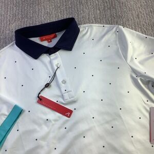 Redvanly Ramey Polo Mens Bright White Navy Polka Dot Golf Shirt Size M NWT